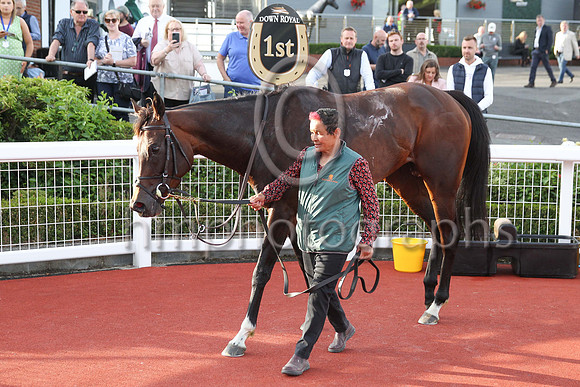 Groom Hazel Galloway leading Perotan in the winner's enclosureat own Royal after winning Her Majesty's Plate Listed Race on 22nd July 2022
